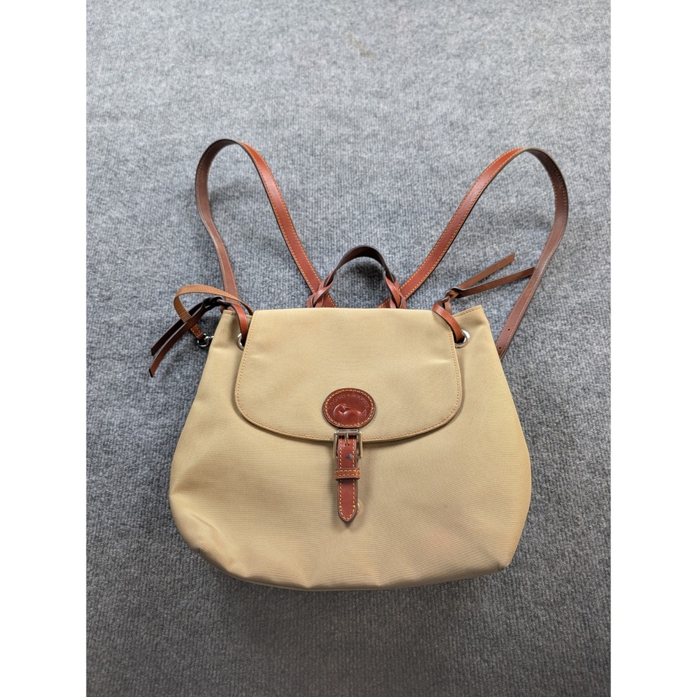 Dooney & Bourke Canvas Leather Flap Backpack Rucksack Tan Beige Red Lining